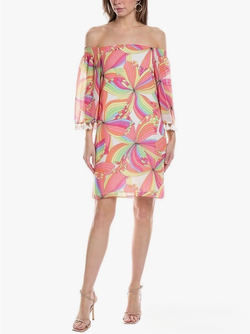 Trina Turk Amaris Off Shoulder Dress Tassel Sleeve Rainbow Print Size S - Picture 2 of 7